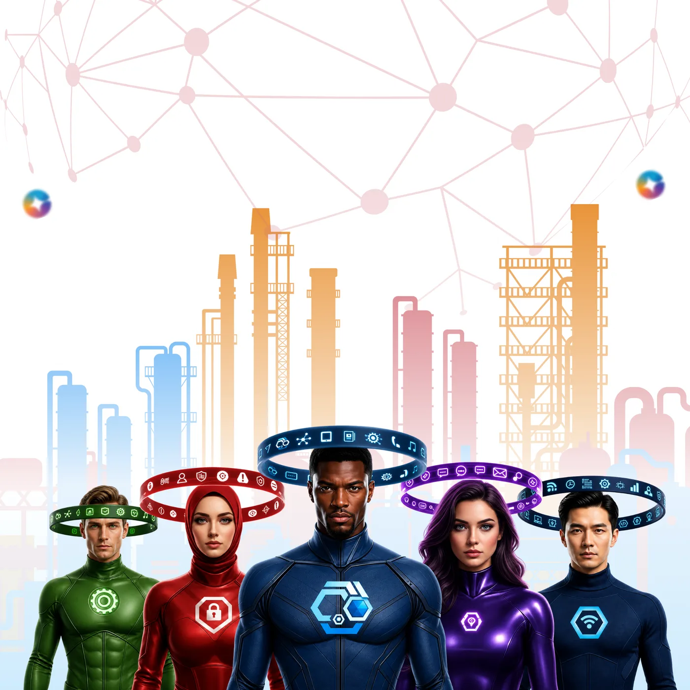Agents4DevOps agents in front of an industrial skyline